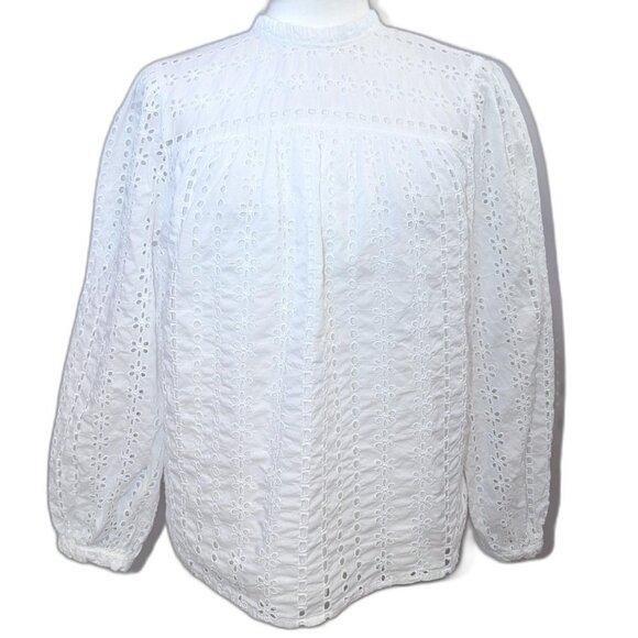 J. Crew | High Neck Long Sleeve White Eyelet Blouse | Size Medium - Picture 3 of 16